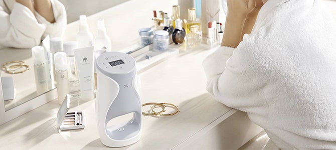 Personal ageLOC Me device on a vanity.